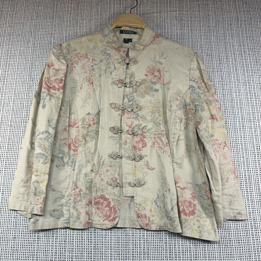 Lauren Ralph Lauren Linen Jacket Floral Frog Closure Cottagecore XL